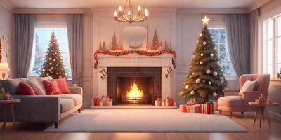 The primary subject of the image is a Christmas tree, which is placed in a living room. The setting includes a fireplace with a fire burning in it, creating a warm and cozy atmosphere. The visual style of the image is a digital art, with the tree and fireplace being the main focus of the scene. The colors and mood of the image are predominantly warm and festive, with the Christmas tree and fireplace being the main elements that evoke a holiday feeling.
